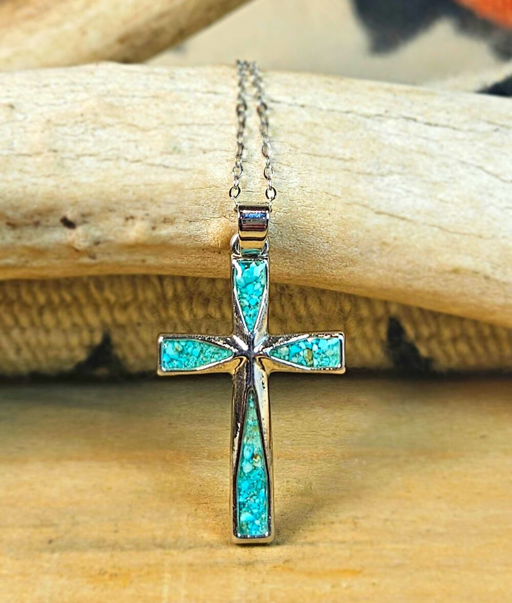 Vintage Mexican Turquoise Mosaic Inlay Cross Pendant Necklace 17" S925 Chain